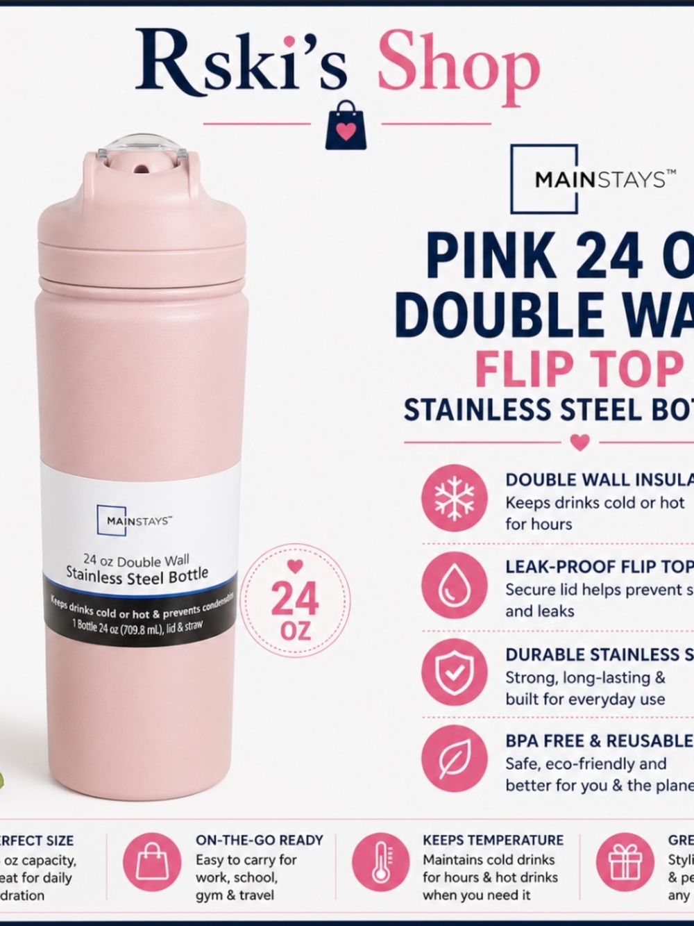 Mainstays Dusty Rose Stainless Steel Water Bottle